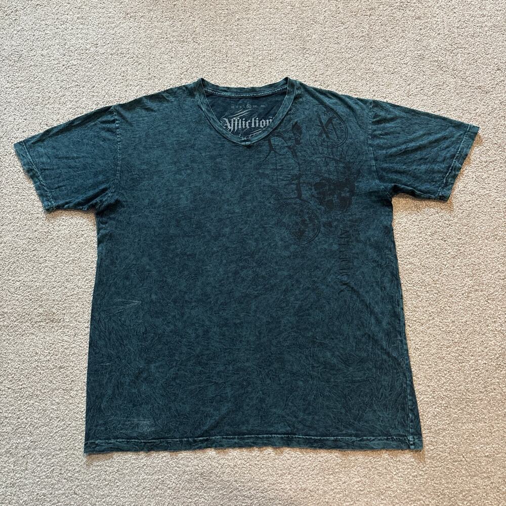 Affliction Standard Series Men's Teal Acid Wash Graphic V Neck T Shirt Size XL
